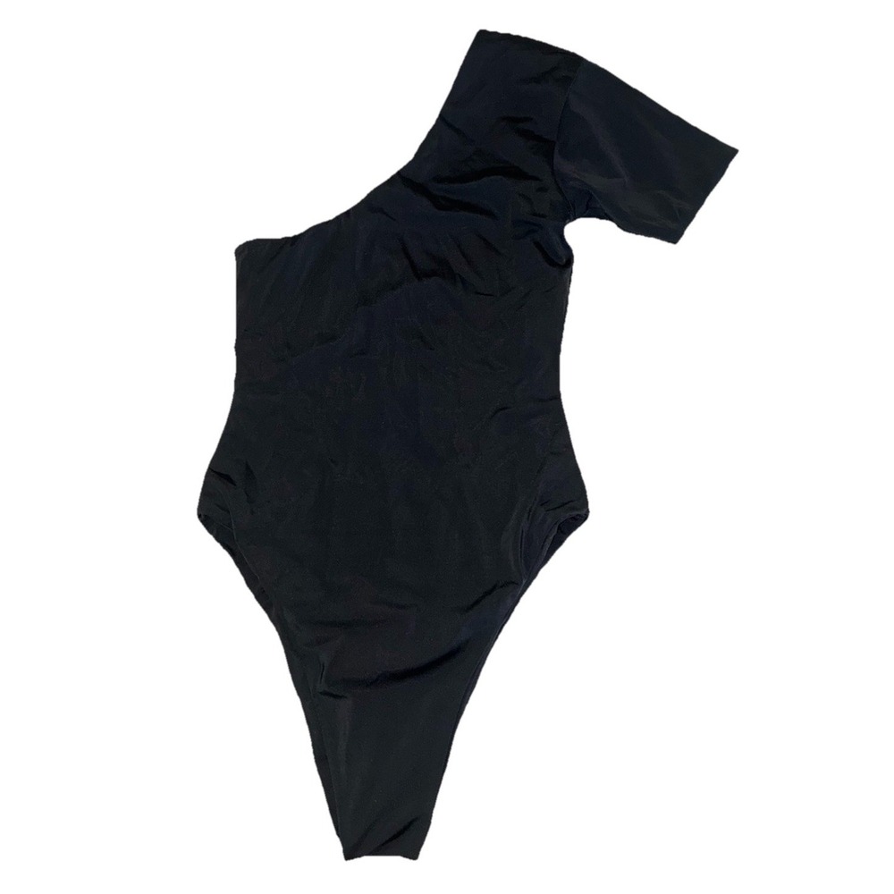 AEXAE One Piece Swimsuit M Black One Shoulder Short Sleeve Asymmetrical High Cut